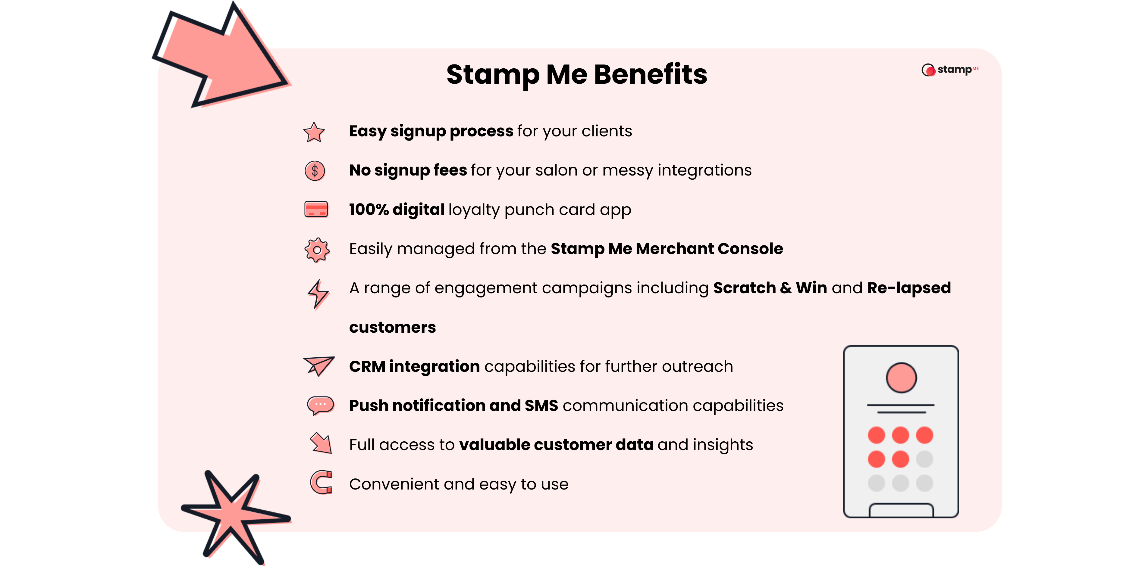 Graphic tile with Stamp Me benefits with icons and text. 